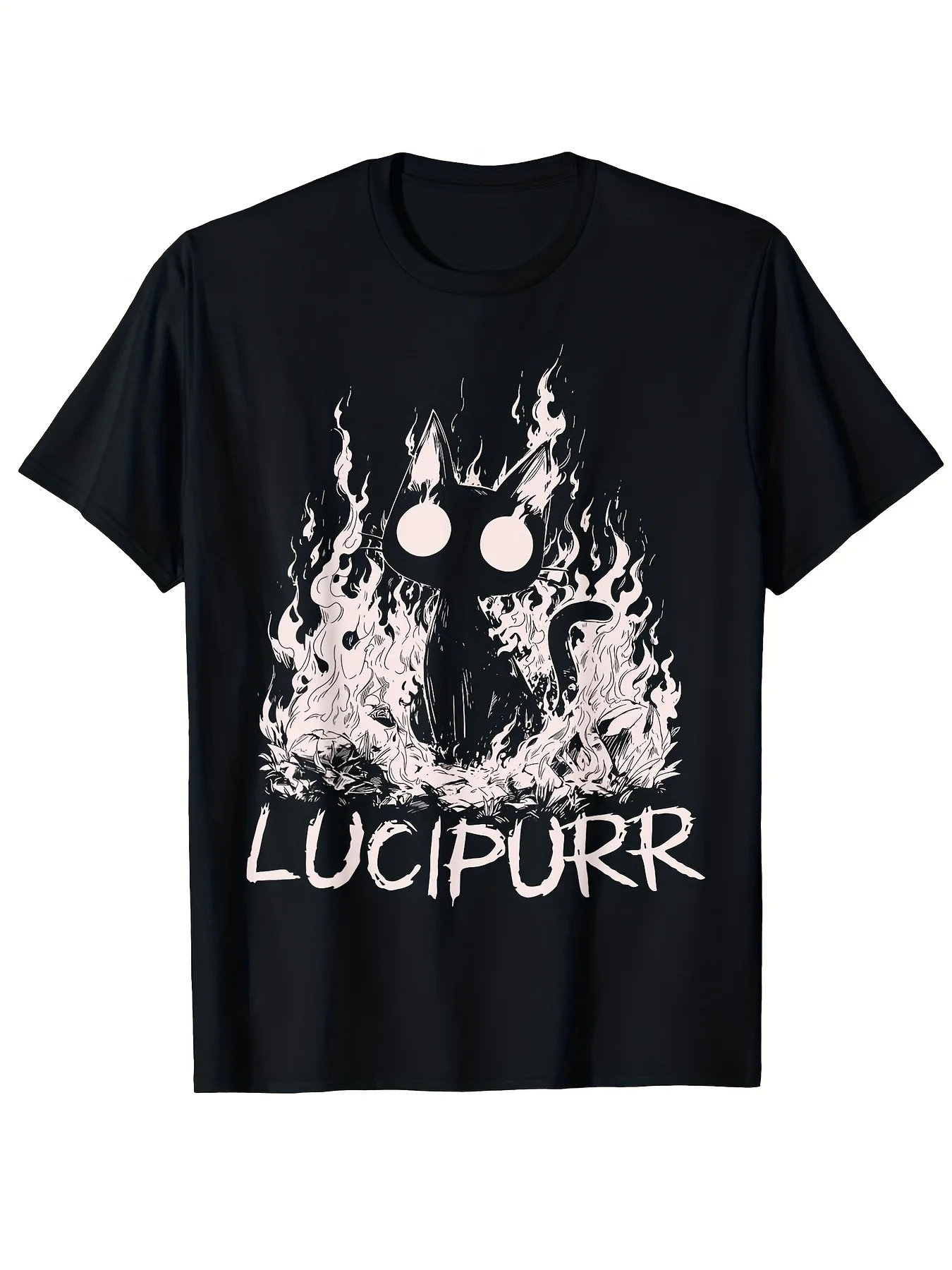 2026 Lucipurr Black Cat On Fire Graphic T Shirt, Gothic Dark Art Unisex Short Sleeve Tee, Halloween Casual Top for Cat Lovers