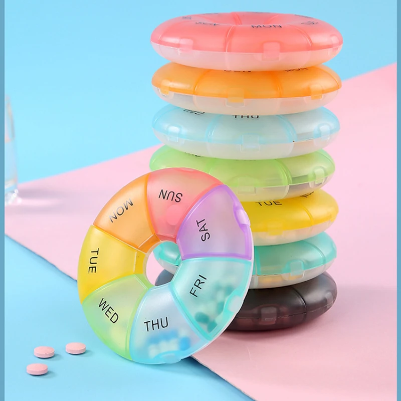 Round Pill Case Plastic 7 Days Weekly Tablet Candy Box Portable Storage Tablet Holder Travel Organizer Pill Container Drugs 1Pcs