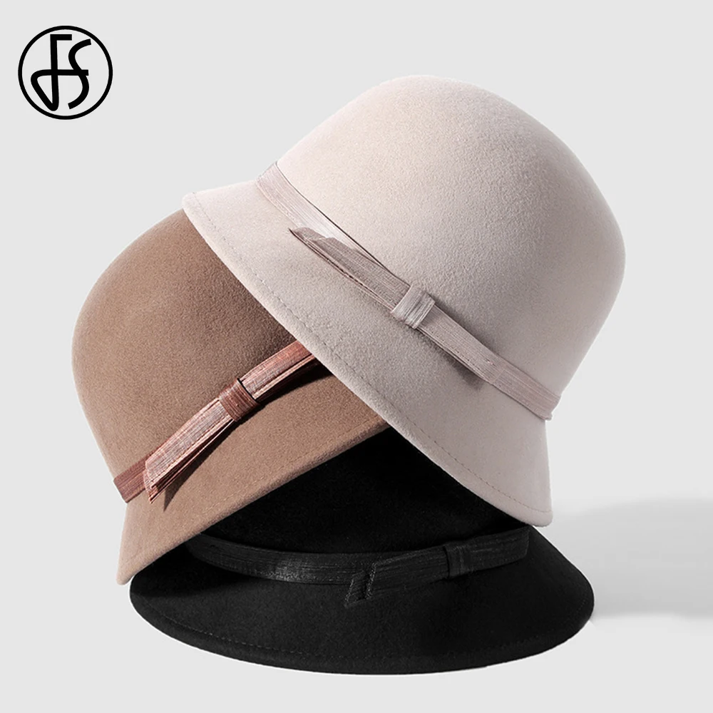 FS Camel Bowler Hat Elegant Outdoor Fisherman Hats For Women Autumn Winter Wool Felt Fedora Lady Fashion Warm Commuter Basin Cap