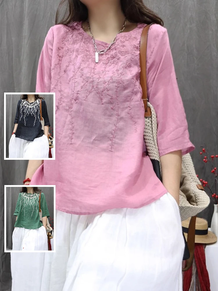 

Artistic Embroidered Lightweight Breathable Flax T-irt Large Size Women's Five-Quarter Sve round Ne Casual Versatile S...