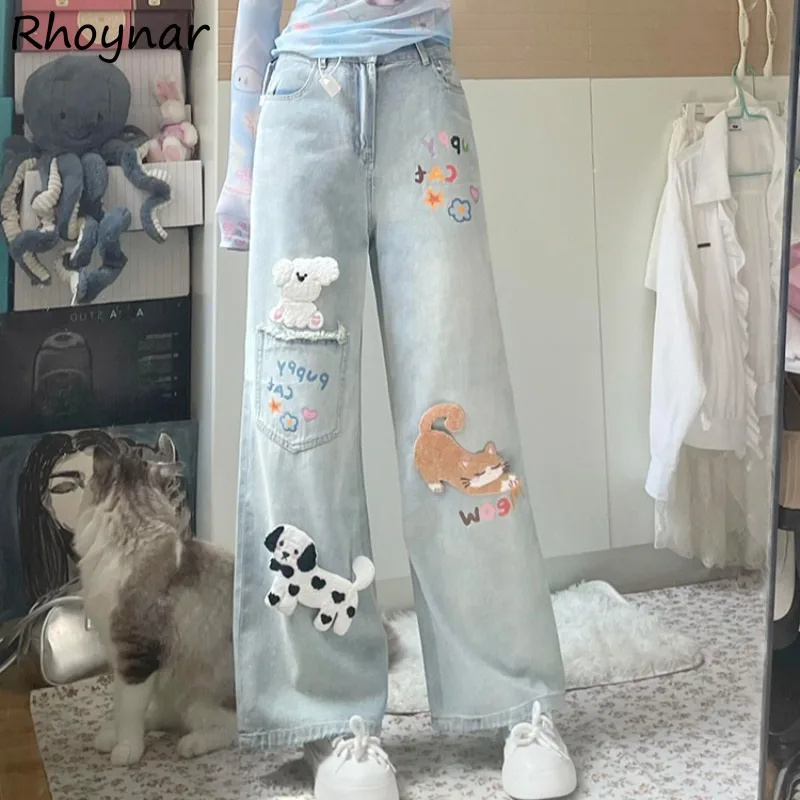 

Printed Jeans Women Korean Fashion Straight High Waist Baggy Slender Streetwear Leisure All-match Designed Sweet Kawaii Girls