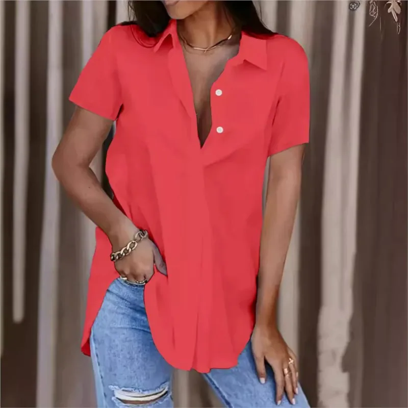 2024 Summer Solid V-neck Short Sleeve Button Women\'s Shirt Elegant Black Irregular Cardigan Shirt Street Wear Office Clothing