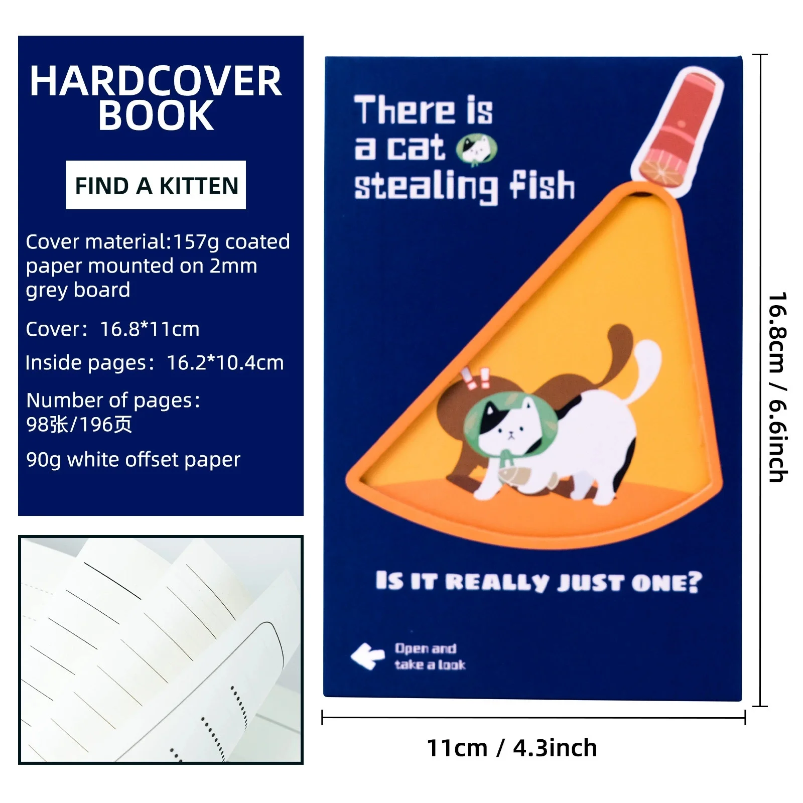 Creative Cat Stealing Fish Tri-fold Notebook, Portable Pocket Diary, Cute Kawaii Stationery Journal for Students, Office Gift