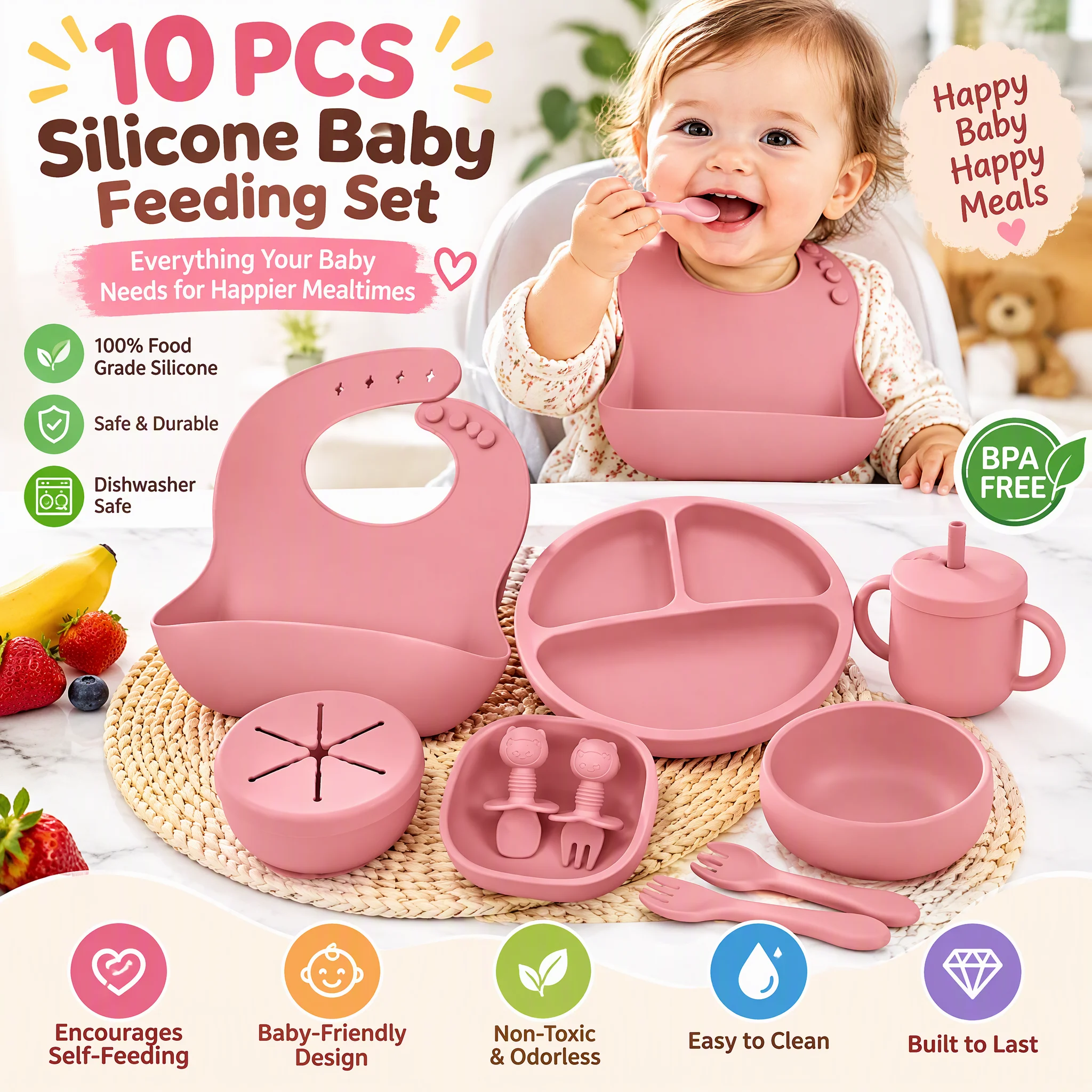 Complete 10PCS Baby Feeding Kit：All-in-one baby feeding set comes with divided plate, bowl, silicone bib, sippy cup, spoons, forks and food feeder, meets all your little one’s self-feeding needs for baby led weaning.