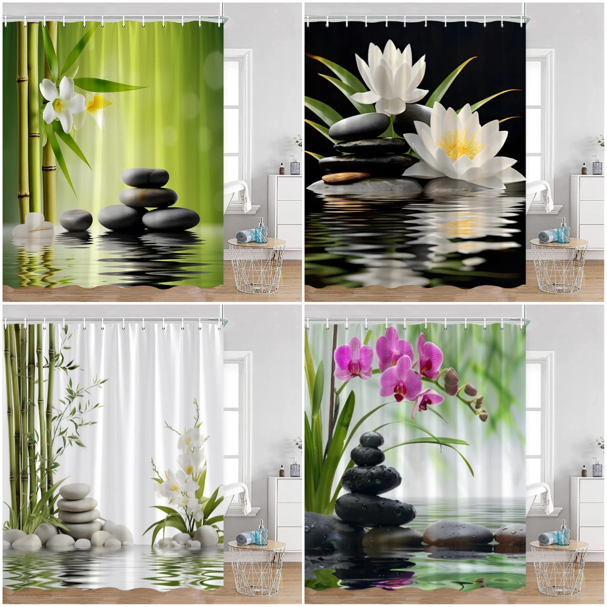 Zen Shower Curtains Black Stone Green Bamboo Lotus Spa Candle Purple Orchid Natural Leaf Bathroom Curtain Meditation Bath Decor