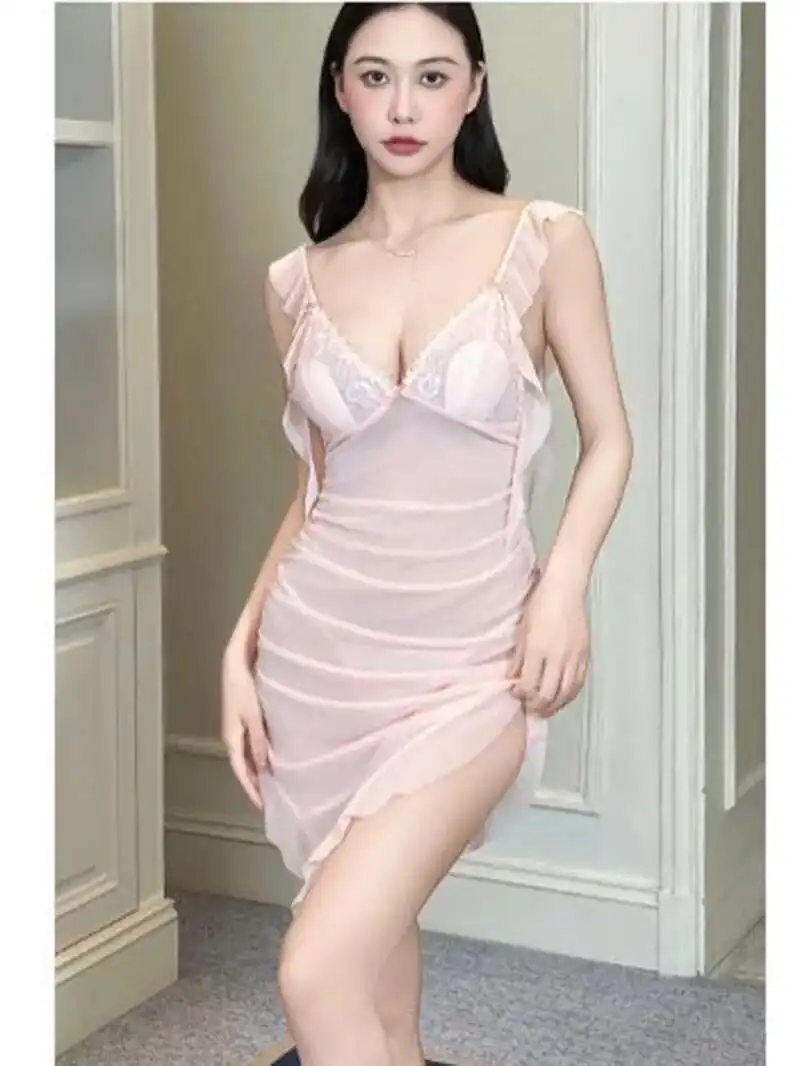 Kleid Elegant Sheer Sexy Pure Desire Nachthemd Falten Abnehmen Mesh Rückenfreies Design Mit Brust Pads Schlank Tank Kleid Tops Q2SS
