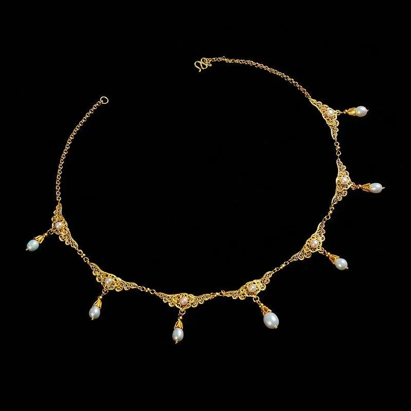 Vintage Byzantium 18K Gold Vermeil Filament Natural Freshwater Pearl Choker Necklaces Traditional Chinese Scroll Pattern Chains