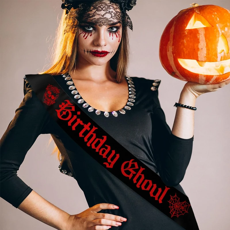 Birthday Ghoul Satin Sash with Skull Spider Web Halloween Themed Birthday Party Decoration Accessories Gift for Daughter Friend view 4
