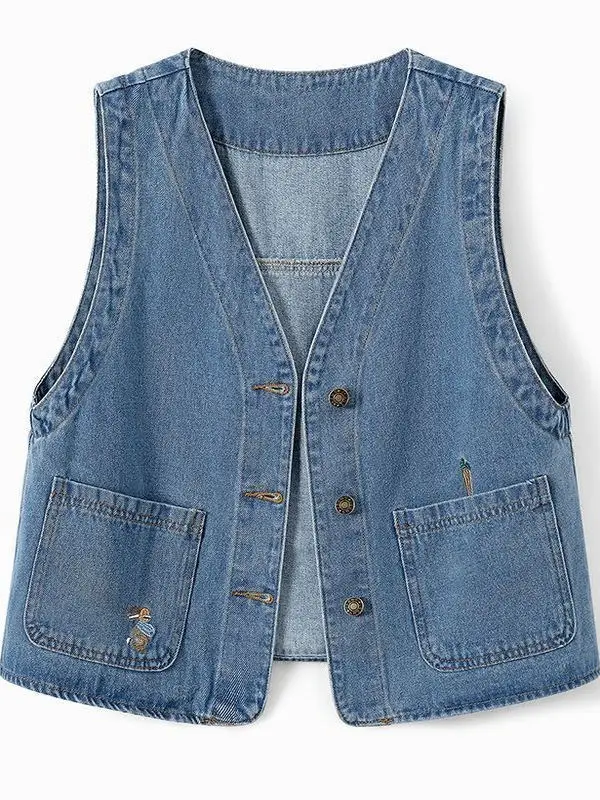 

Cute Embroidered ort Denim Vest Japanese Sle Casual V-Ne Women's Faion Small Size ket Design Commute Sle
