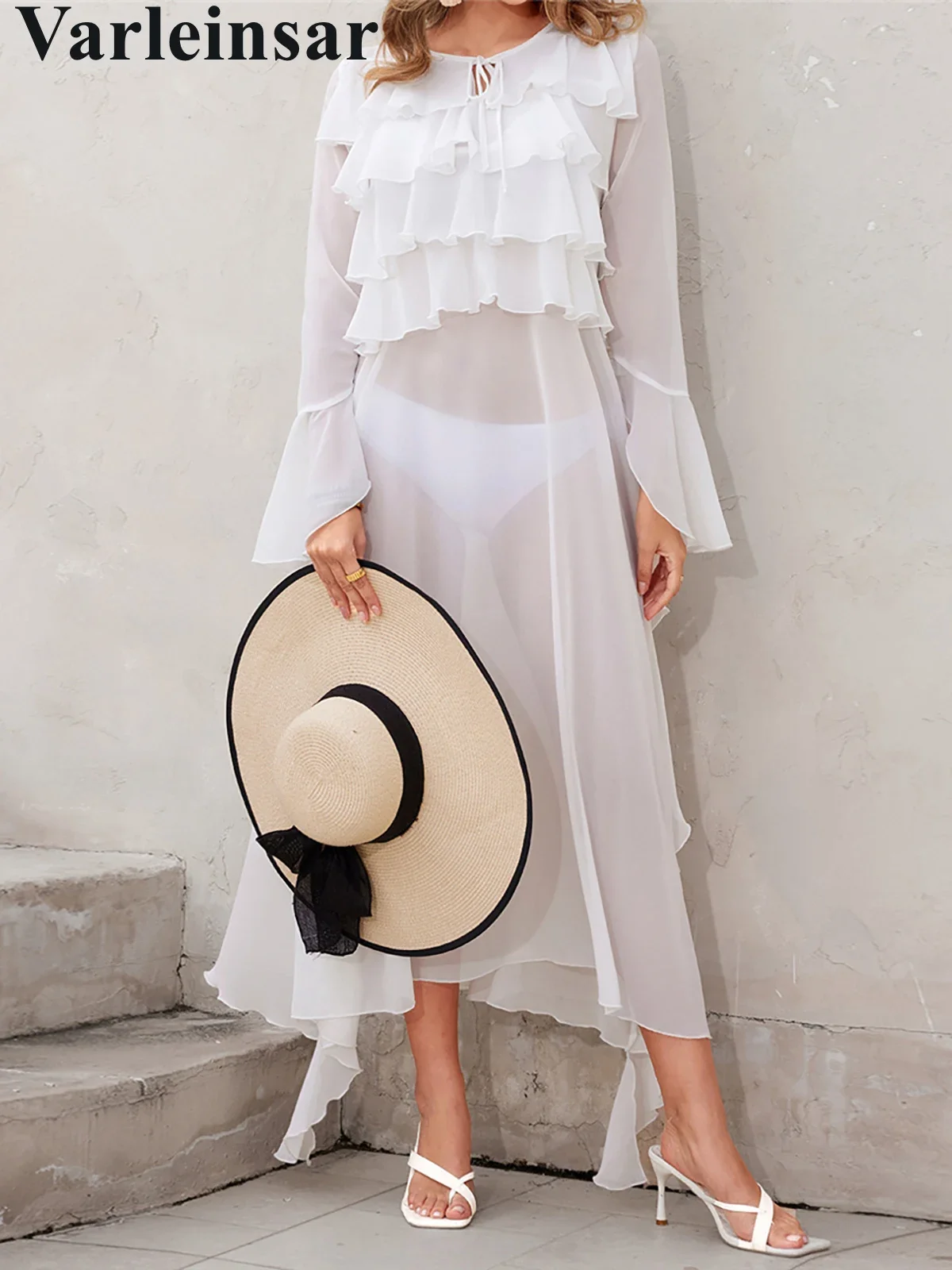 2025 Ruffledแขนยาวดูผ่านถักเสื้อBeach Cover Up Cover-UpsชุดชายหาดชายหาดBeachwearหญิงผู้หญิงV6462