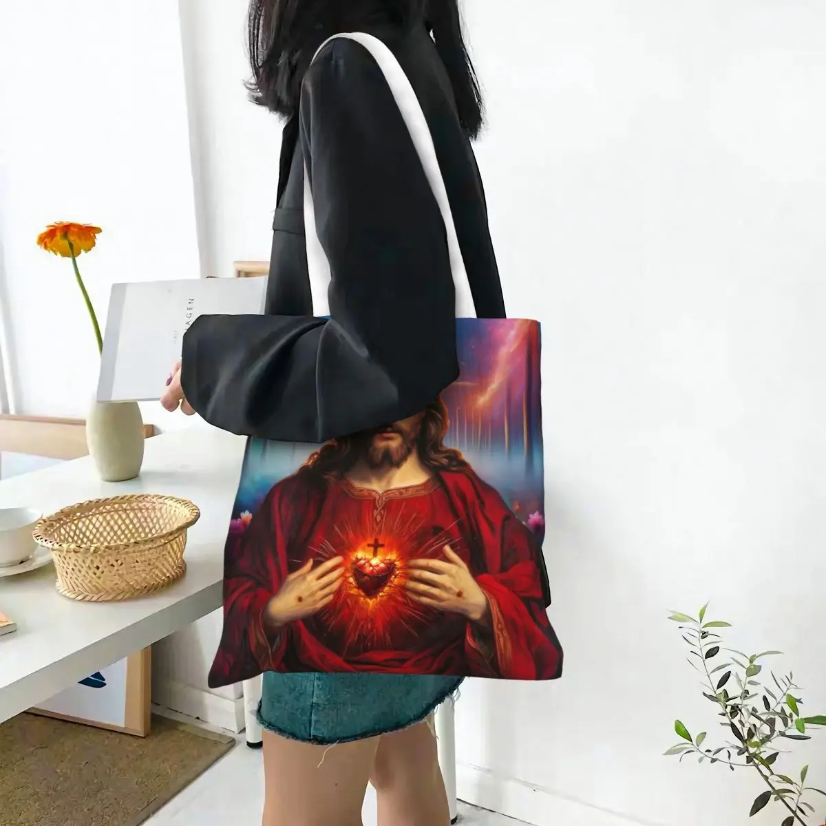 Holy Jesus Christ Sacred Heart Canvas Tote Handbag Religious Catholic Saint Grocery Bags Shopper Bags for Women