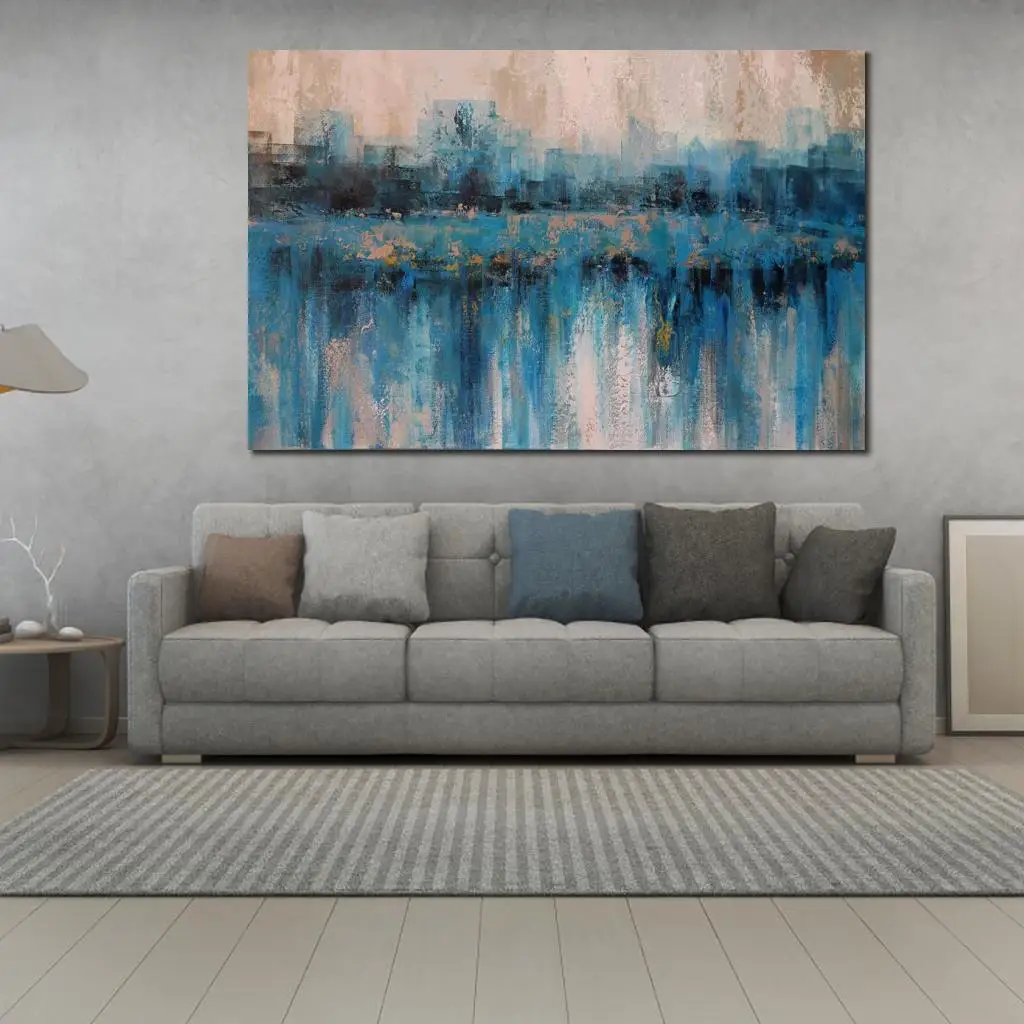 Abstract Canvas Art Cityscape Hand Painted Oil Painting Modern Blue Living Room Bedroom Contemporary Artwork Wall Decoration