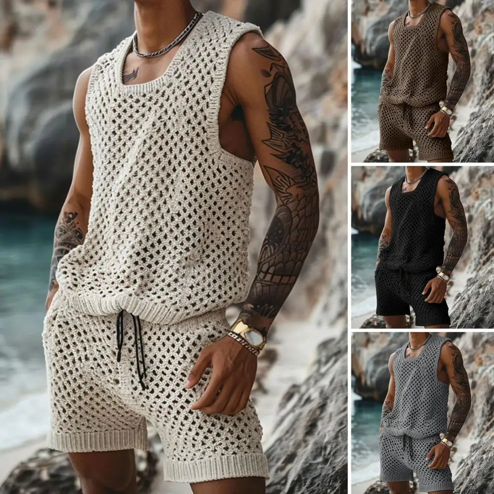 Vest Shorts Set Men's Casual Sleeveless Knit Top Drawstring Shorts Set Short-sleeved Shirt Elastic Shorts for Daily for Summer