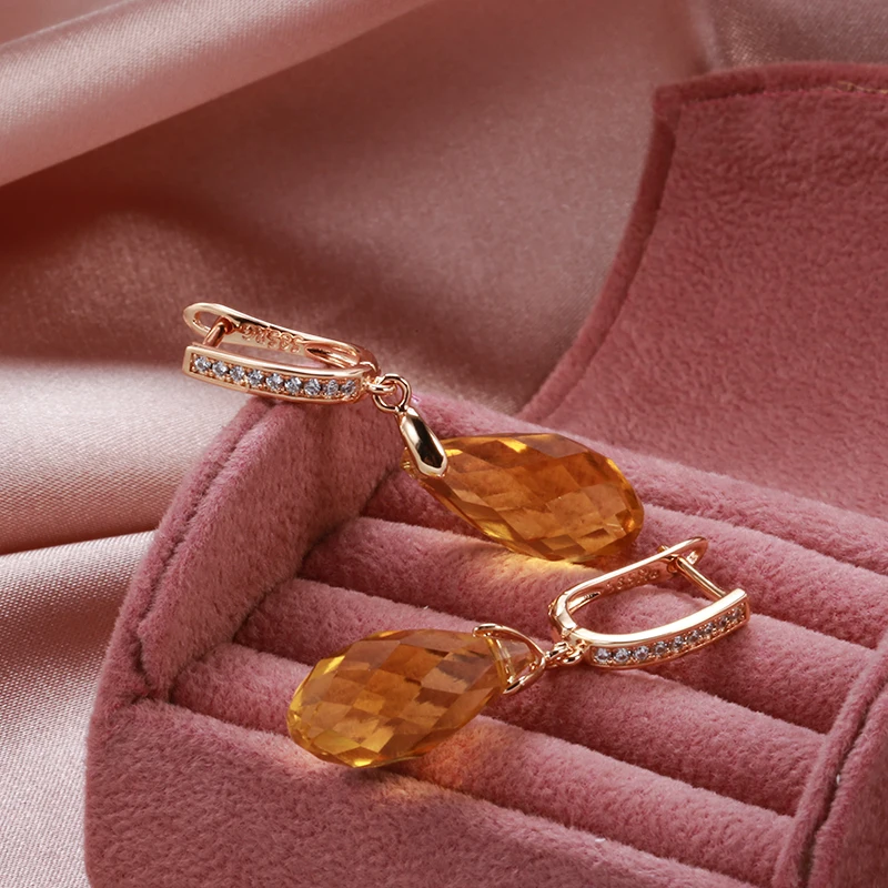SYOUJYO Luxury Shiny Pendant Earrings 585 Rose Gold Color Natural Yellow Water Drop Zircon Inlay Wedding Party Fashion Jewelry