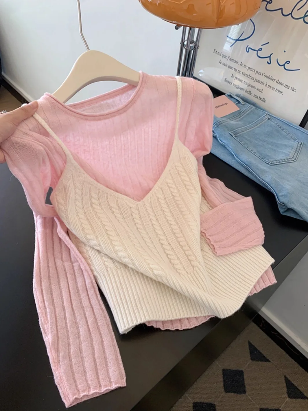 

Women's Knitted Woolen Sweater Set with Strap Long Sleeve Top High Waist Trousers Korean Style Early Autumn Fashion Set