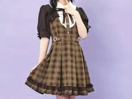 

Лолита массового производства на шнуровке в студенческом стиле с высокой талией, тонкое платье японского лета, новое клетчатое искусственное двухсекционное платье с короткими рукавами