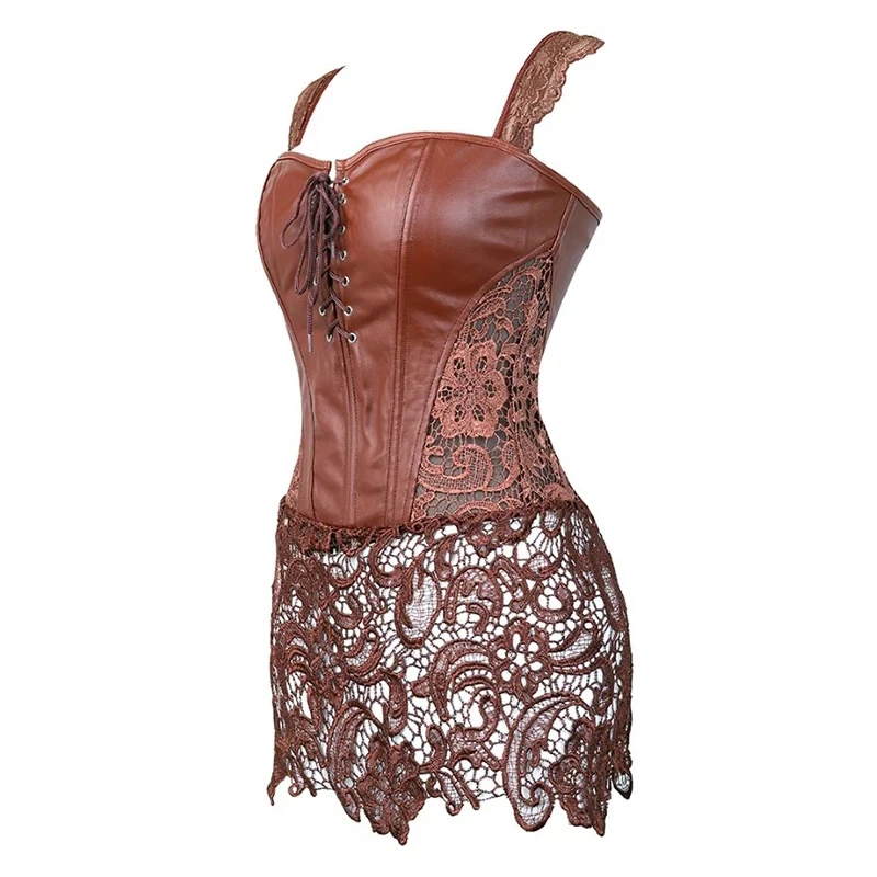 Womens Shoulder Straps Leather Corset Dress Faux Leahter Bustier Waist Cincher Steampunk Shaper Sexy Lingerie Lace Skirt Corsets