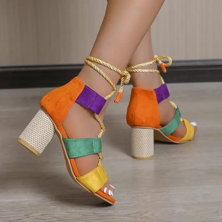 2023 New Trend Summer Chunky Shoes Fashion Women High Heels Sandals Designer Weave Ankle Lace Slides Sexy Open Toe Female Pumps