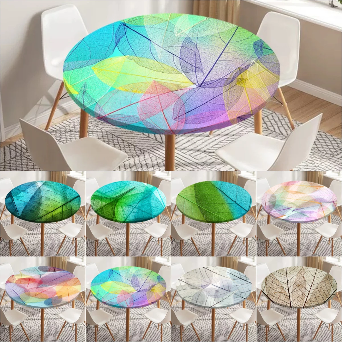 Skeleton Leaves Round Fitted Tablecloth Waterproof Dining Table Decoration Accessories Classic Pattern Table Cover Kitchen Decor