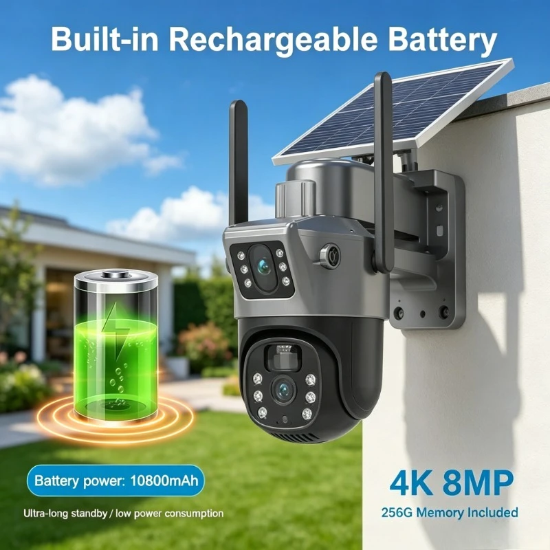Solar Powered 8MP 4G SIM IP Cam, Dual Display Outdoor Monitor, 256G Memory Included for Farm Remote Watching