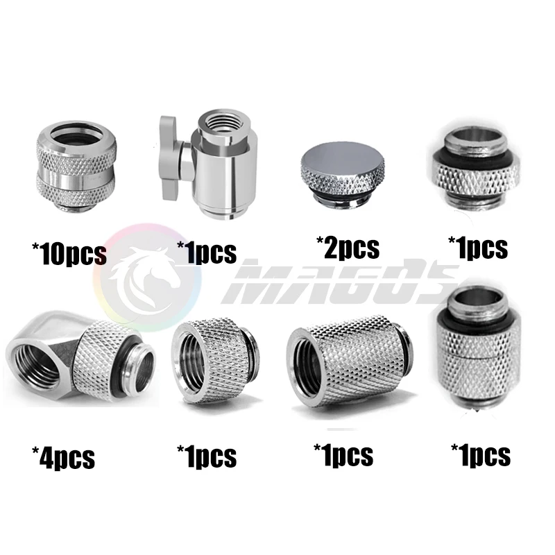 Computer Water Cooling Hard Pipe Fitting Kit, AIO Pack For 10*14mm Tube Watercooling Building, Black / Silver