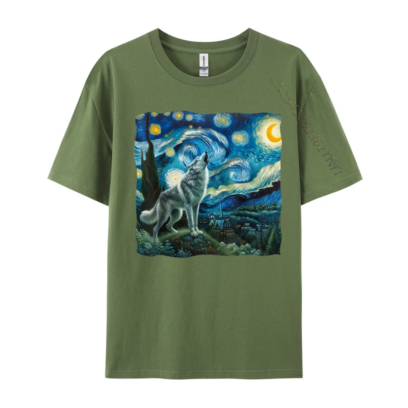 Camiseta divertida de la noche estrellada del lobo, Camiseta de algodón impresionante, Camisas de cumpleaños para hombres, ropa de calle, camiseta personalizada