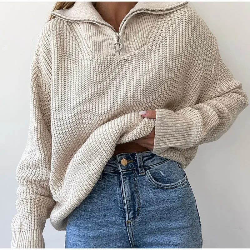 

Turtleneck Sweater Women Knitted Pullovers Autumn Winter Warm Thick Warm Jumpers Zipper Apricot Hollow Out Y2k E-girl Jumper