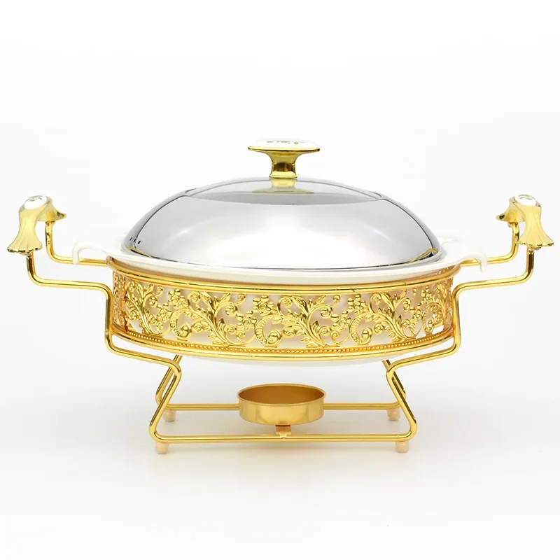 

Hot Sale Ceramic Buffet Stove Catering Restaurant Food Warmer Set Luxury Round Ceramic Chafing Dish With Stand