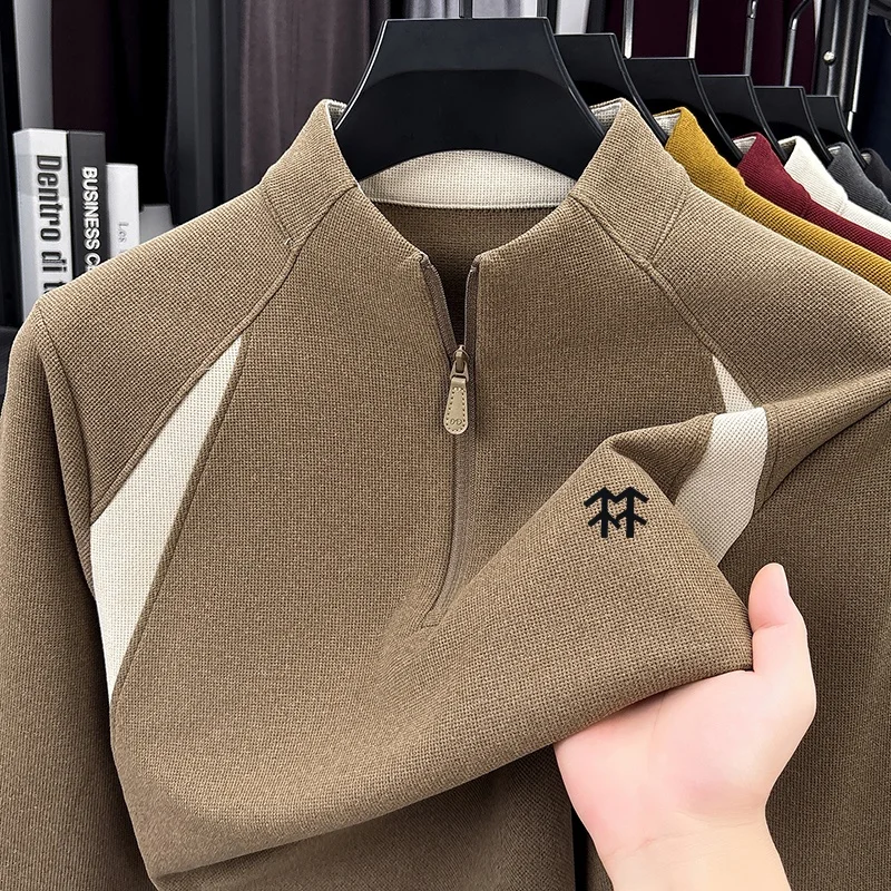 Luxury Quality Men's Stand Collar Sweatshirt Exquisite Half Zip Solid Color Original Print Knit Tops Casual Comforte Men's Wear
