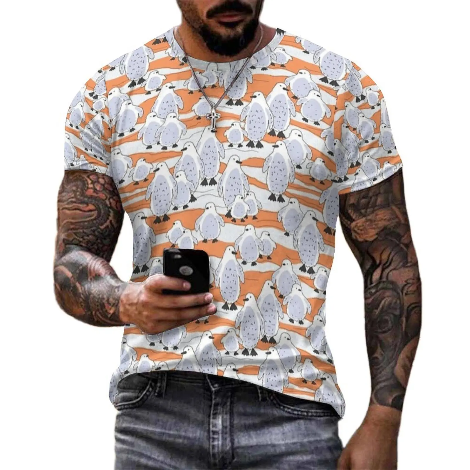Albino Penguins in A Winter Drift T-Shirt Mens Pattern O Neck T-Shirts Retro Tops Short Sleeve Street Style Oversized Tee Shirt