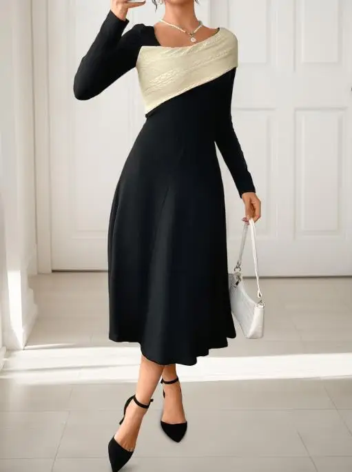 

2025 New Versatile, Sexy, Elegant Waist Cinching, Irregular V-Neck Color Blocked Dress