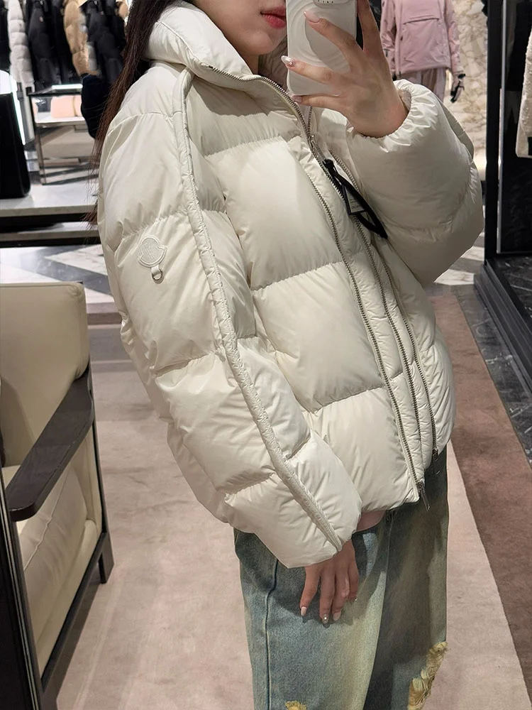 ユニークなオーツホワイトのレディースダウンジャケット、韓国風高級ブレッドコート、厚手のアウターウェア、通勤ファッション、90%ダウンフィルパワー