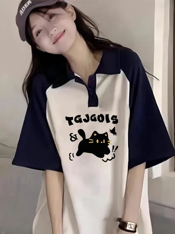 American Style Pure Cotton  Neck Short Sleeve T-Shirt Summer Loose Shoulder Insertion for Junior High School Girls