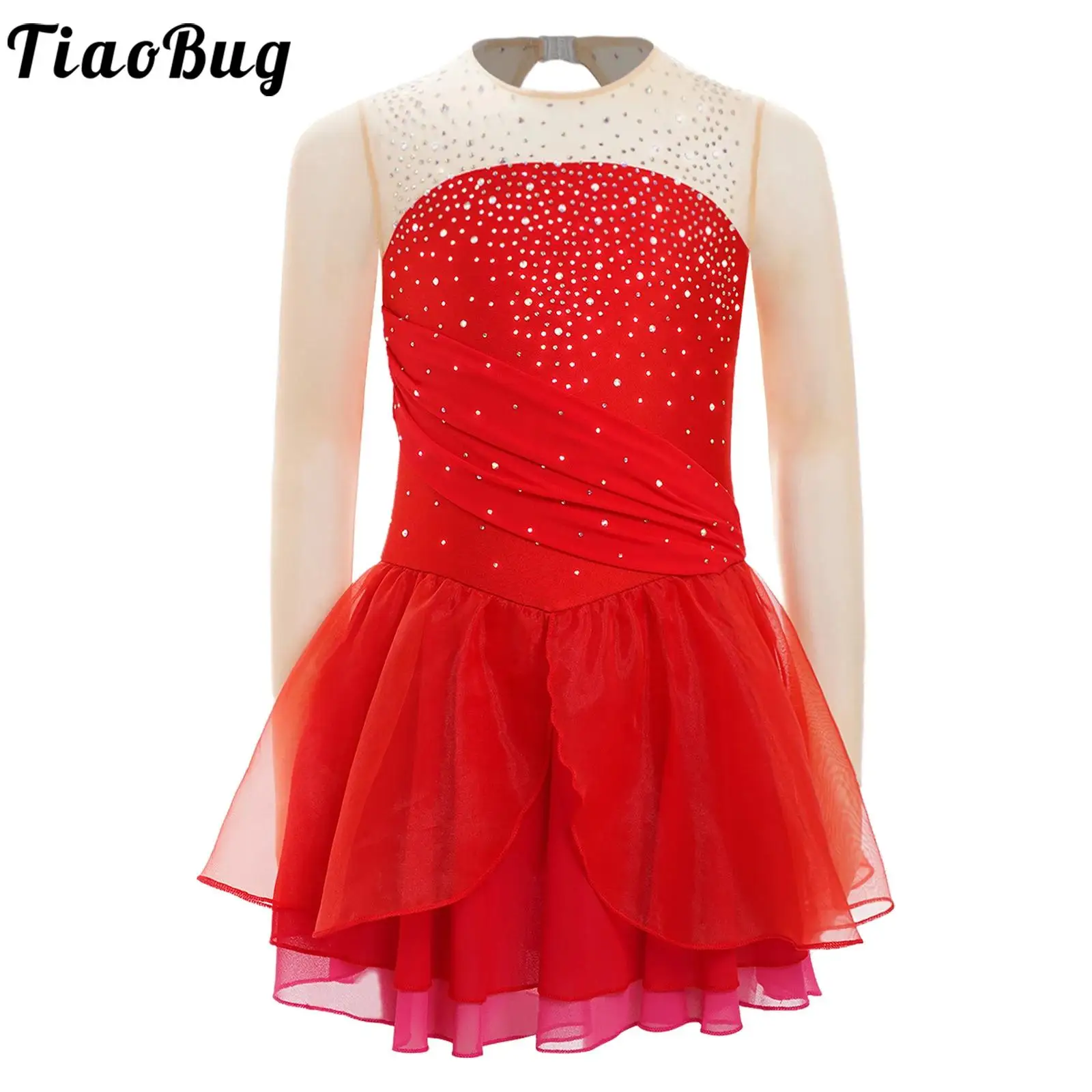 

Kids Girls Layerd Mesh Tulle Ballet Dress Glittery Rhinestones Ruffled Figure Ice Skating Dance Wear Gymnatics Lyrical Leotards