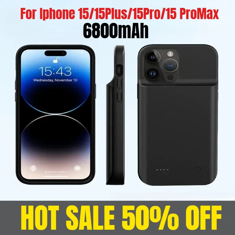 

Чехол-аккумулятор емкостью 6800 мАч для Iphone 15/15 Plus/15Pro/15 ProMax, крышка зарядного устройства Power Bank