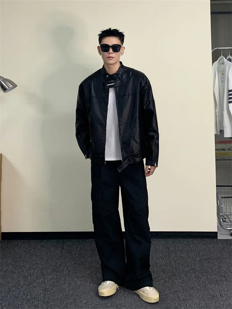 

Vintage Distred Leather Jaet Men's Casual Hooded Biker Coat American Street Hip Hop Deconstructed Cool Stand Collar