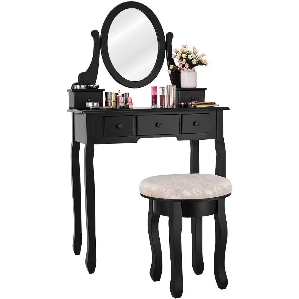 Juego de mesa de maquillaje, muebles de dormitorio con taburete acolchado y 5 cajones, espejo giratorio redondo de rotación de 360 grados