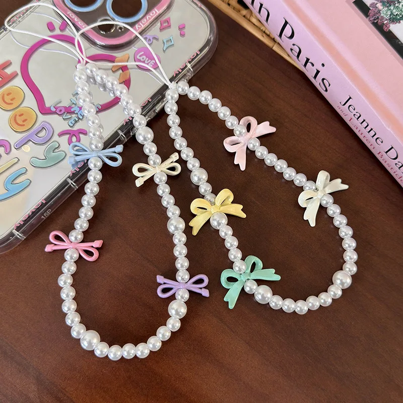 Summer Sweet Colorful Pearl and Metal Bow Phone Lanyard Beaded Charm String Portable Trendy Universal Fit Standard Length