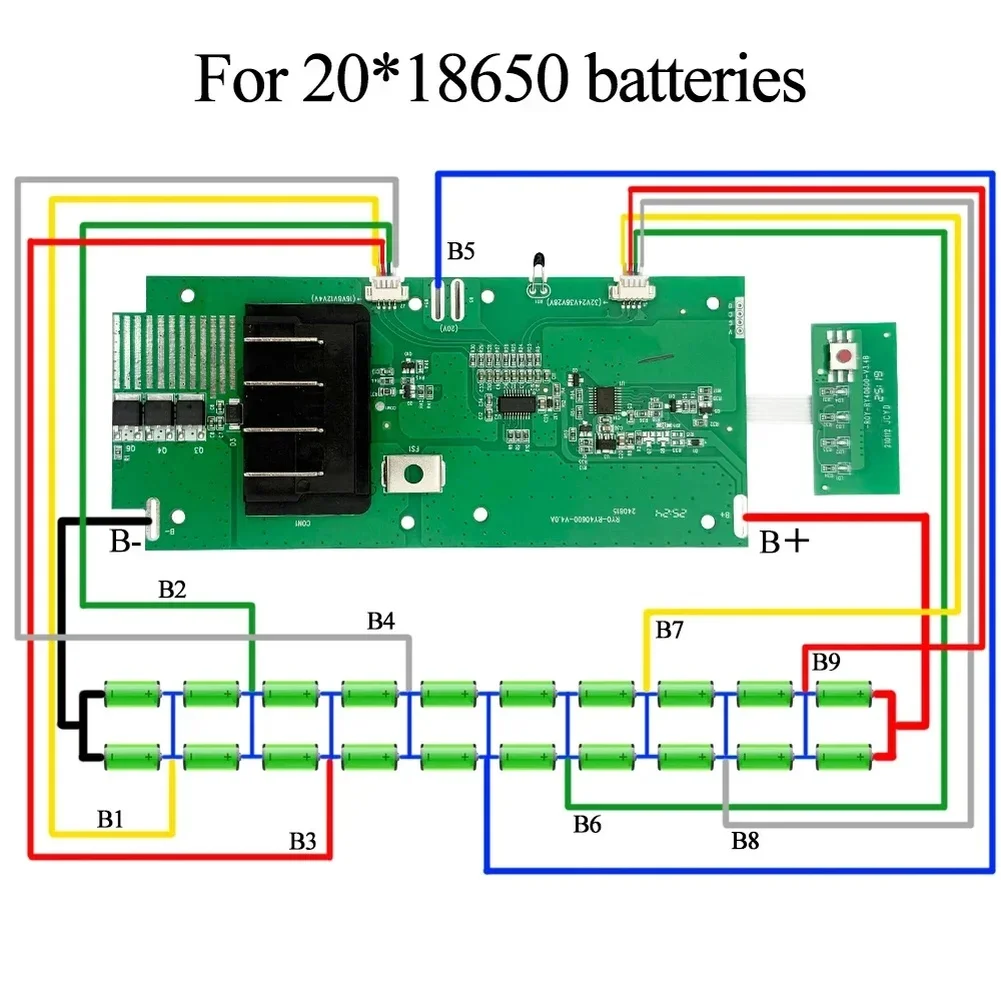 Protection Board 20xLi-ion Holder Accommodates 20 Cells Built-in Protection Circuit DIY Assembly Design For Compatible Tool 40V