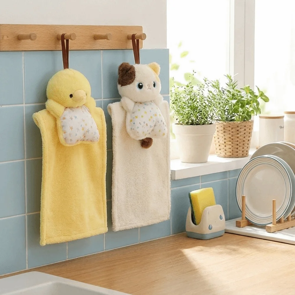 Absorbent Towel Cartoon Hanging Hand Towel Absorbent Handkerchief Duckling Soft Cleaning Hand Cloth for Kitchen Bathroom