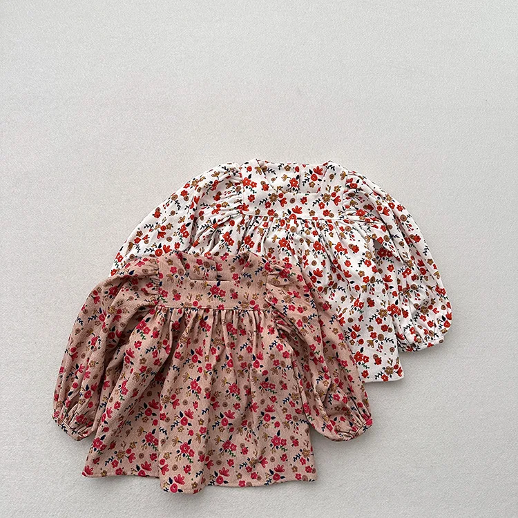 Baby Girl Corduroy Clothes Autumn and Winter New Style Loose Shirt Flower Picture Vintage Long Sleeve Clothes