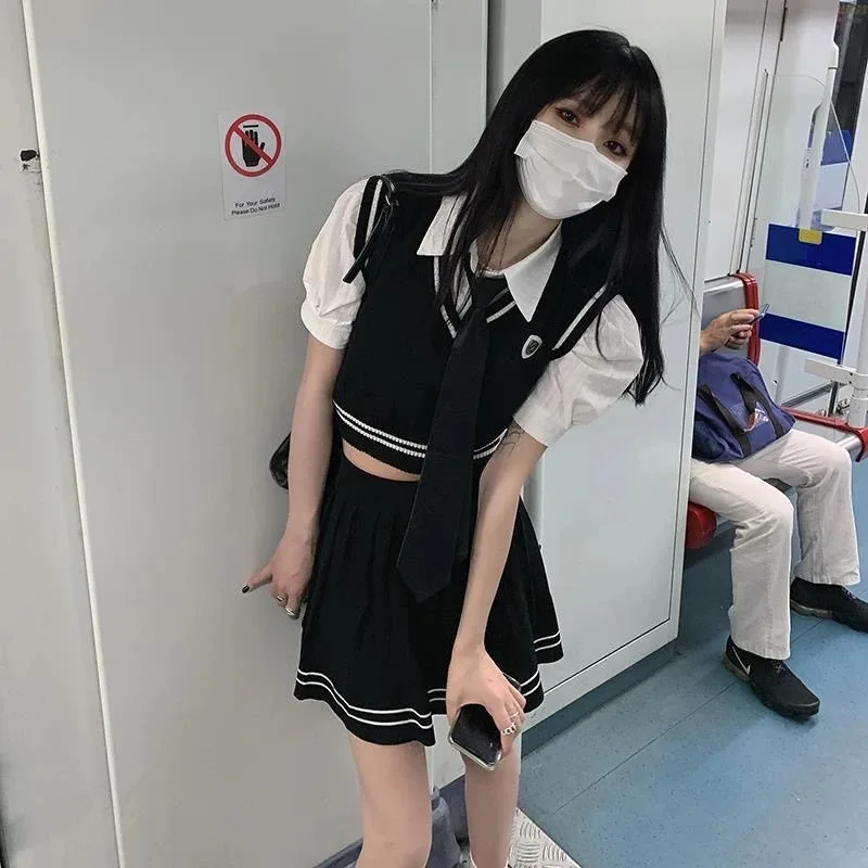 

COSda@Japanese School Uniform Gyaru Style Puff Sleeve White Shirt And Knitted Vest Set for Korean College Students Summer Outfit