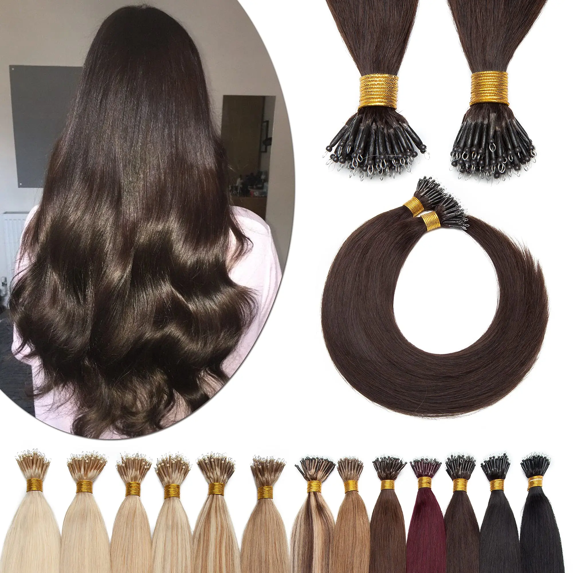 

100% Human Hair Straight Nano Ring Hair Extensions Weft Professional Quality With Nano Beads For Thin Hair