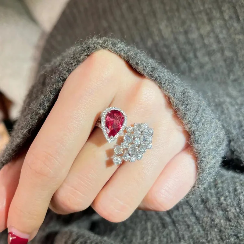 925 sterling silver sparkling gemstone inlaid zircon pigeon blood red open ring for women's high-end light luxury fashion jewelr