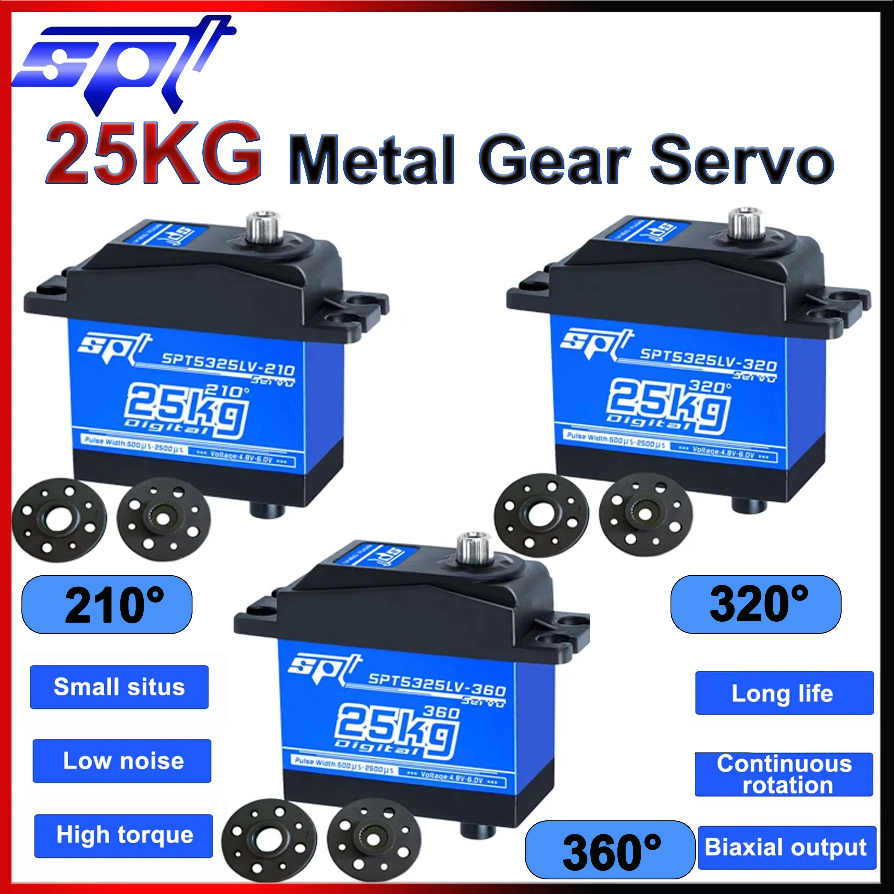 เซอร์โวมอเตอร์ดิจิตอล SPT 5325LV 25 กก. เกียร์โลหะ 210/320/360 องศา แรงบิดสูง แกนคู่ 4.8-6V สำหรับหุ่นยนต์ RC Arduino DIY ชิ้นส่วนประกอบโมเดล