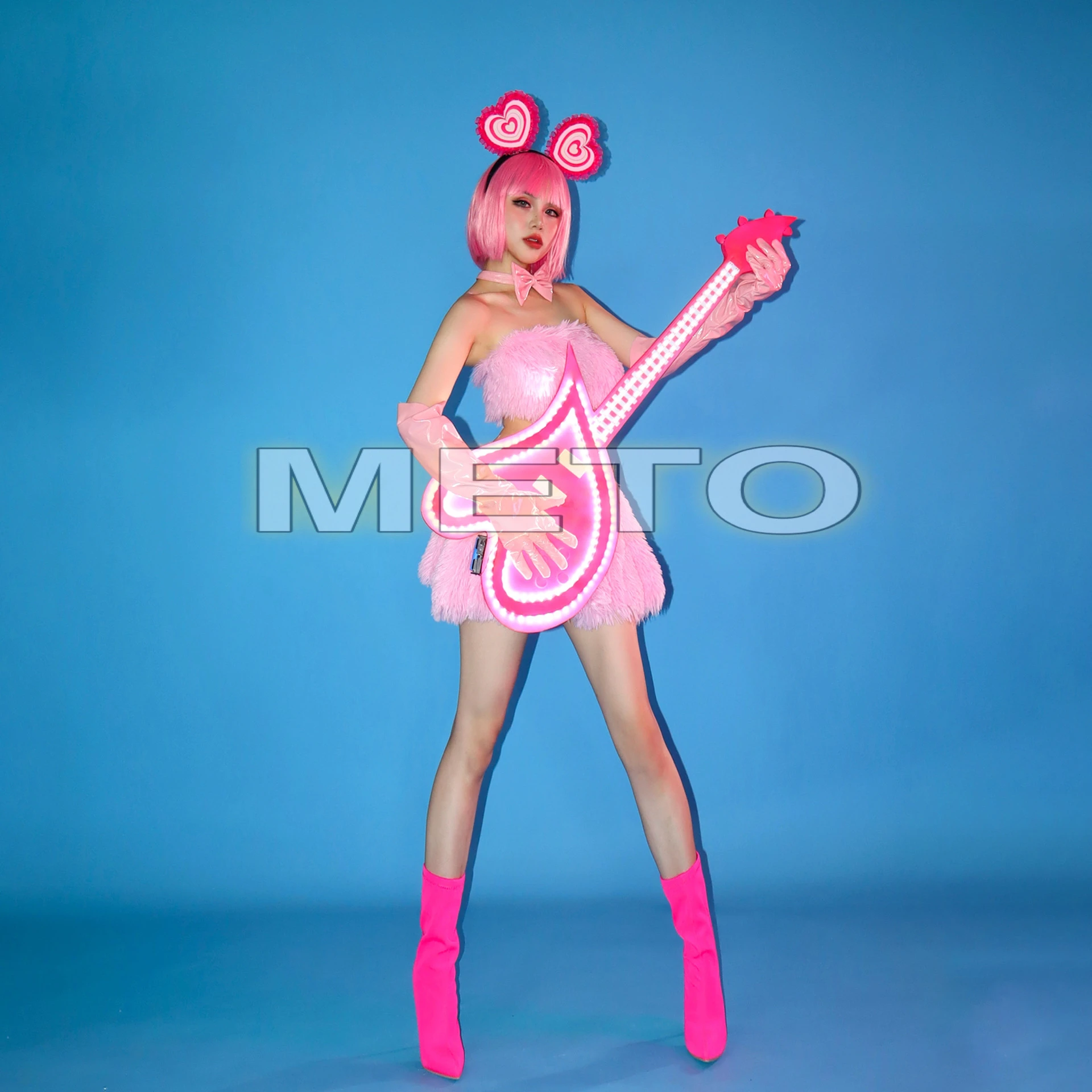 Drag Queen Jurk Sexy Gogo Danser Kleding Festival Party Show Outfit Roze Pluizige Rok Vrouwen Nachtclub Bar Toneelkostuum yj289