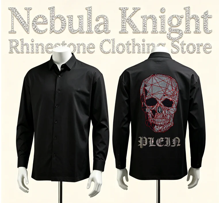 Men's Luxury Black Rhinestone Button down Slim Fit Shirt Long Sleeve Casual Dress Shirt High Street Daily Wear