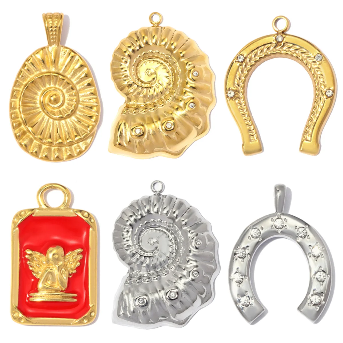 3pcs/Lot Stainless Steel Conch Horseshoe DIY Earring Charms Enamel Angel Necklace Pendants Women 3D Sailboat Jewelry Wholesale