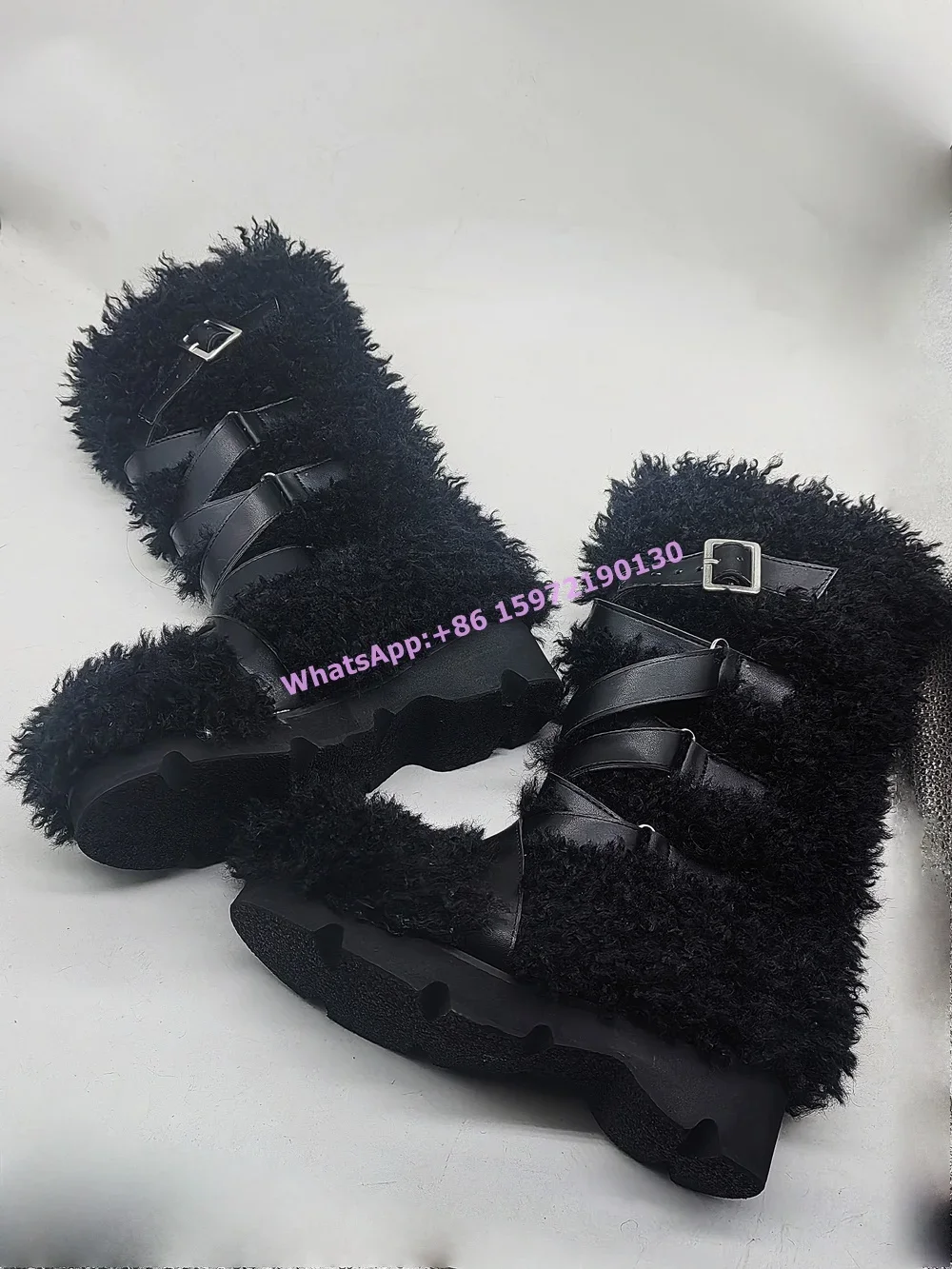 

Thick Soled Furry Buckle Long Boots Round Toe Belt Couples Winter Mid Calf Soft Boots Fashion Luxury Warm Customize Color Shoes