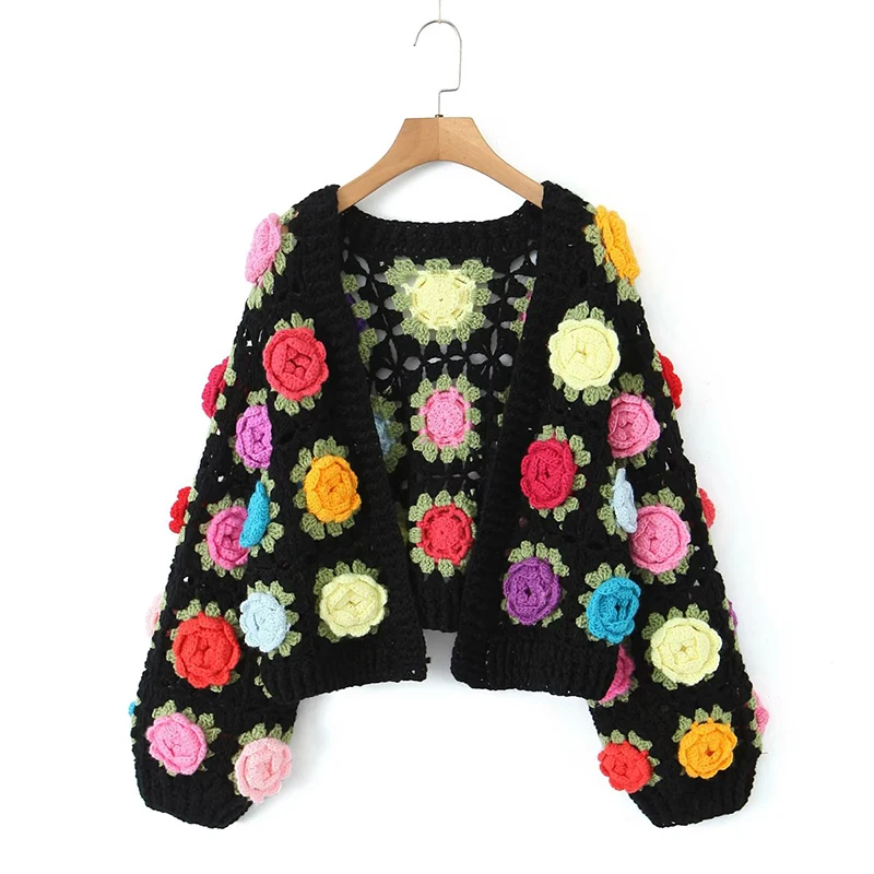 Autumn Winter Women Hand Crochet 3D Flower Boho Cardigan Crop Sweater